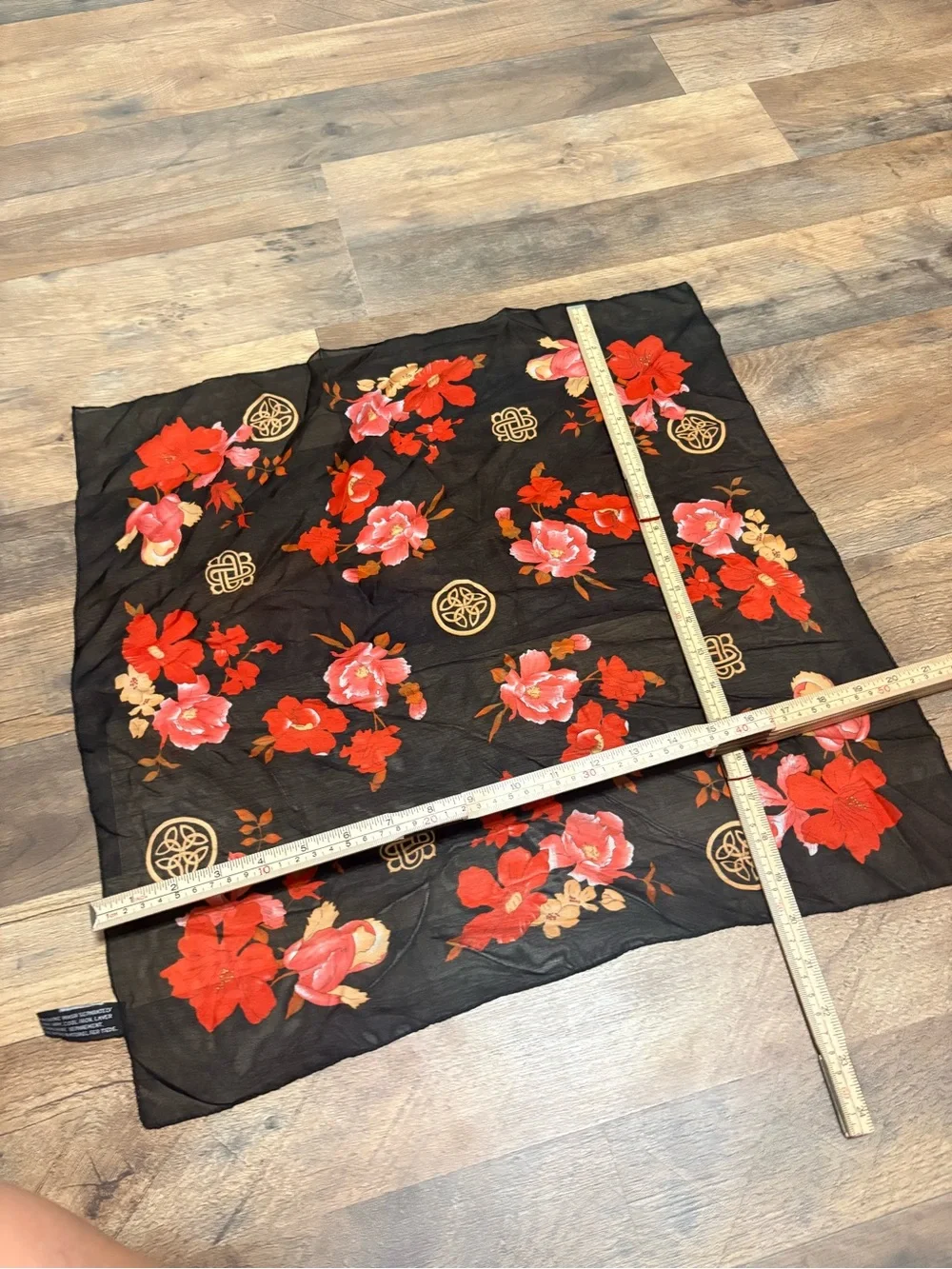 Vintage Style Black Floral Scarf Sheer Square Scarf Red Pink Flowers Gold Accent